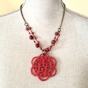 2/$15 vintage Red pendant & bead Necklace